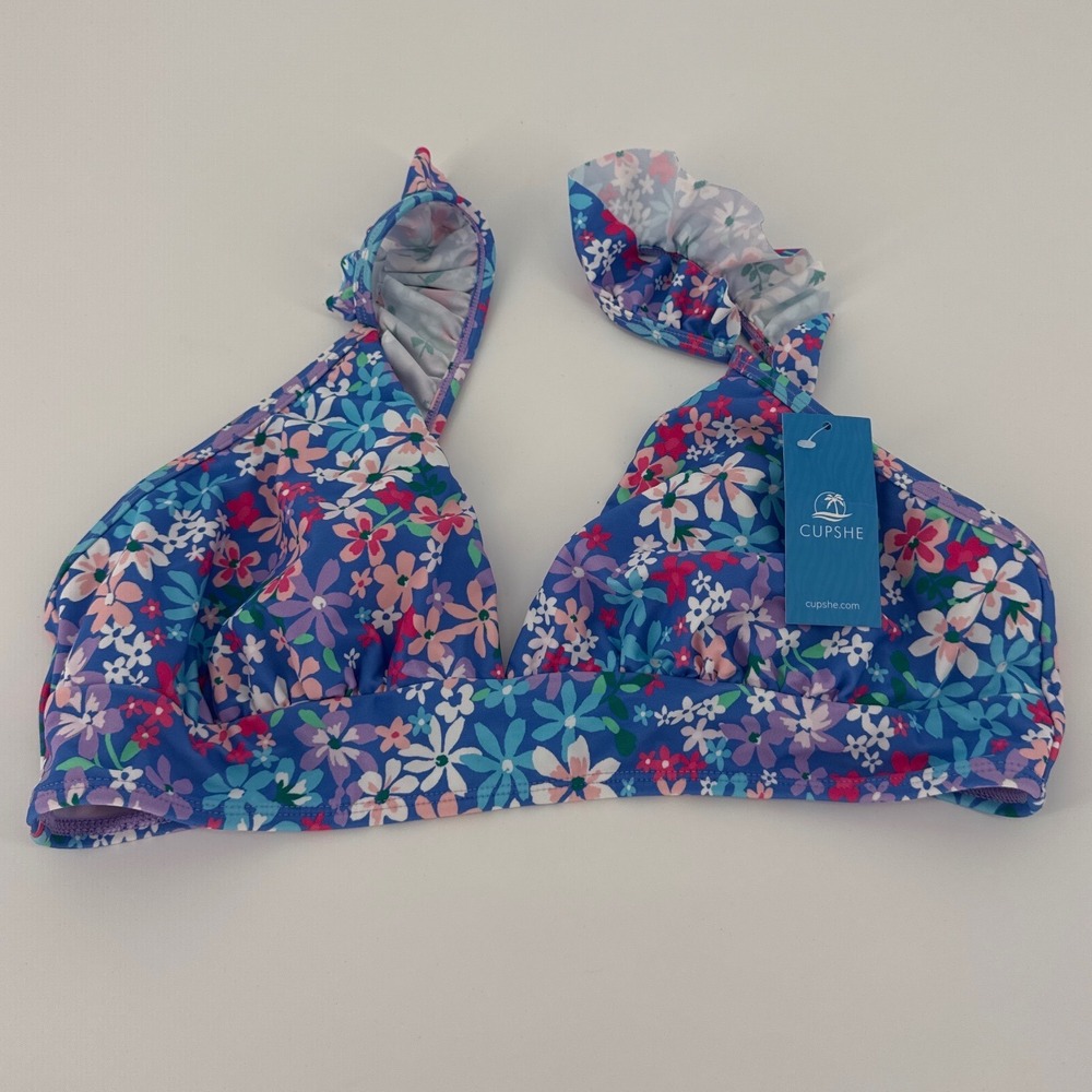 Cupshe Floral Ruffle Women Bikini Top Large Blue Multi V-Neck Back Hook NWT